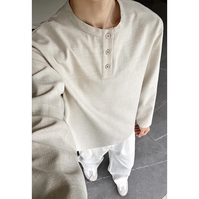 Mens Fashion Casual - Męska koszula Henley z imitacji lnu,